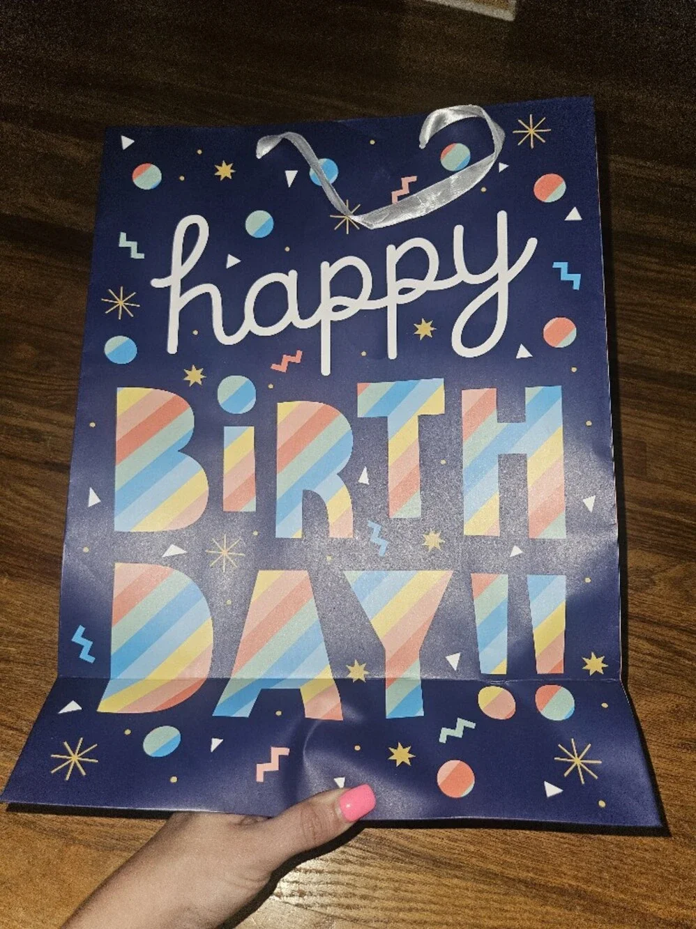 Navy Blue 'Happy Birthday' Gift Bag with Multicolor Stripes 17